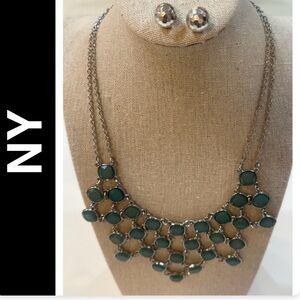 New York & Company Seafoam Teal Bib/Statement Necklace & Faceted Stud Set